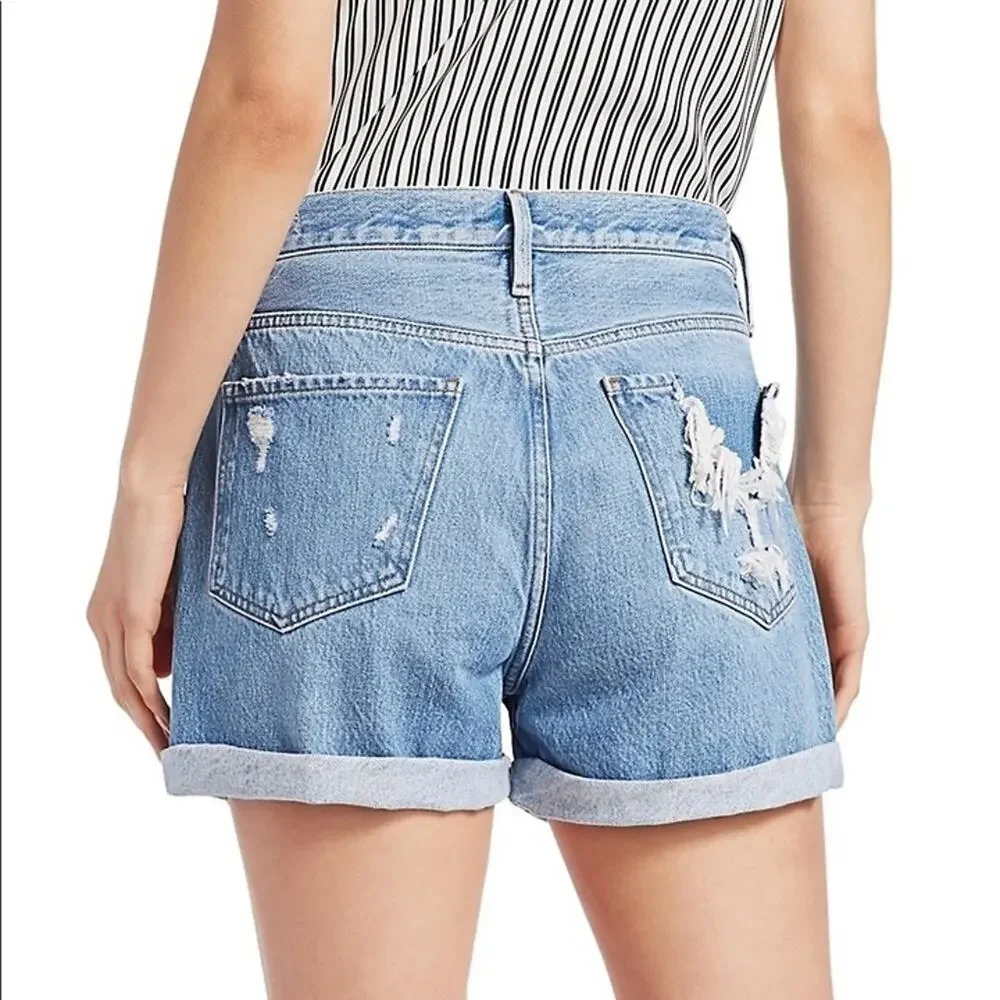FRAME Le Beau High Rise Distressed Boyfriend Denim Shorts Light Wash NWT Size 25